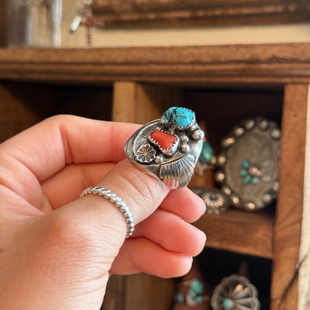 SOLD Genuine Navajo Turquoise & Coral Sterling Ring
